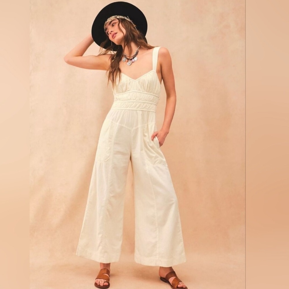 Free People Ruched Jumpsuit Cream Wide Leg Size Medium